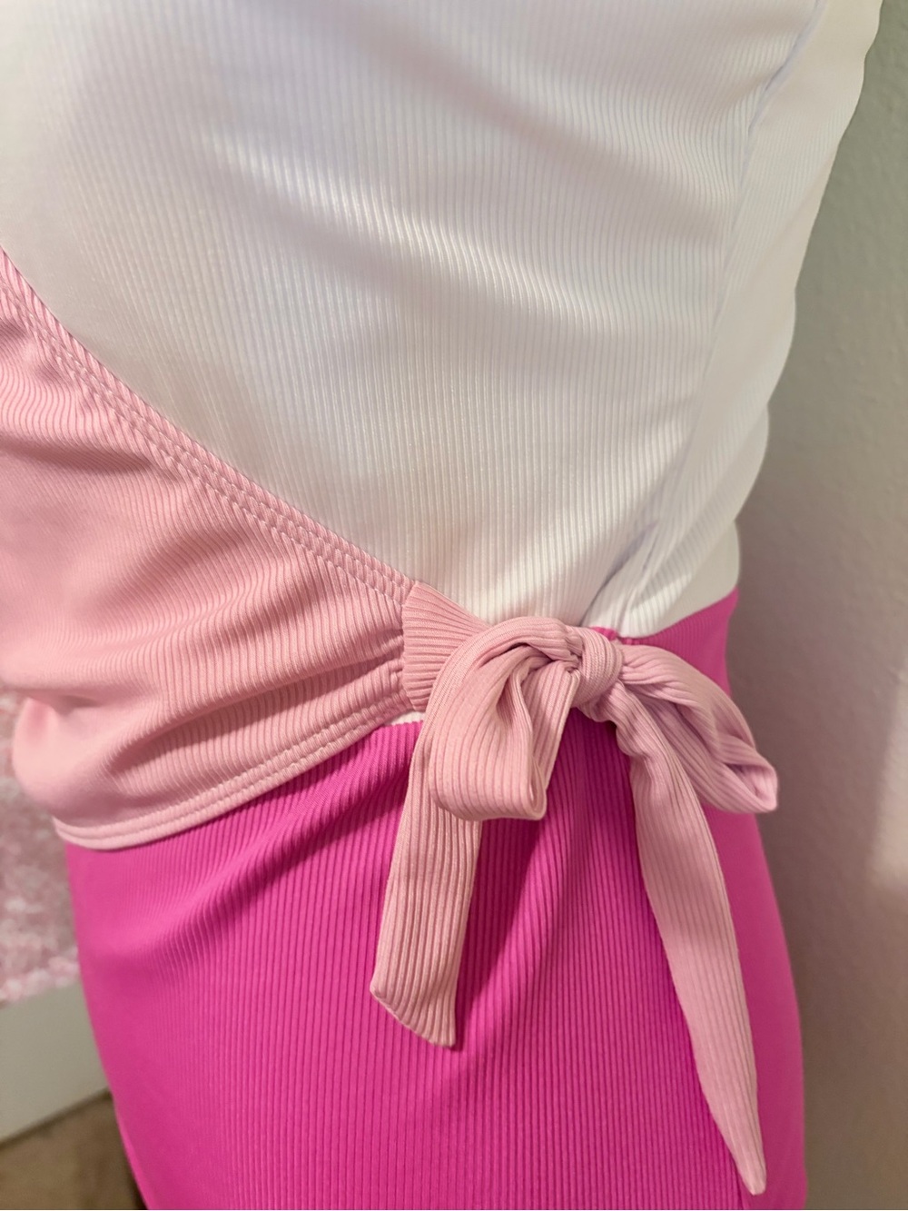 Pink & White large Colorblock Ribbed Wrap One-Piece Swimsuit - Picture 5 of 6